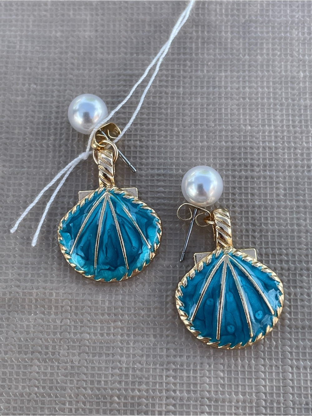 Gold Pearl and Teal Shell Drop Earrings